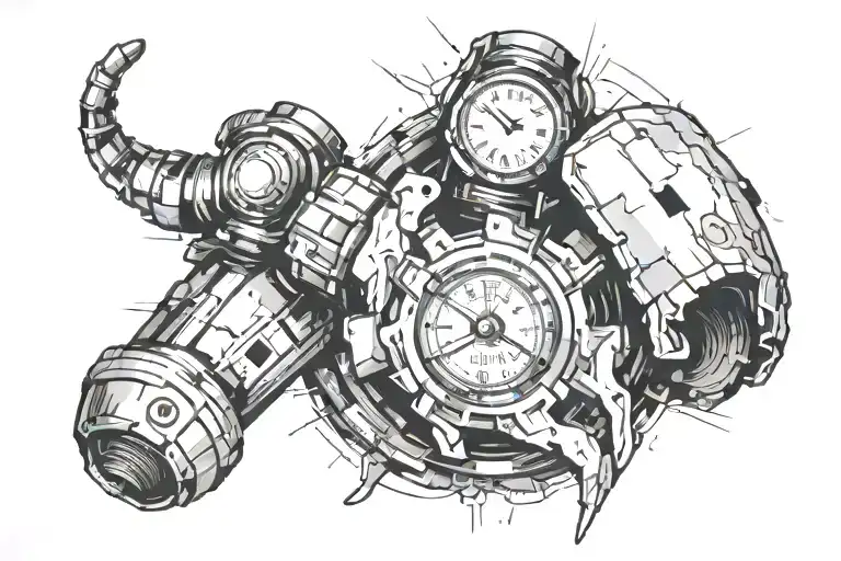 Technology arm with torn skin. Watch with date 4.10.84 tattoo design idea