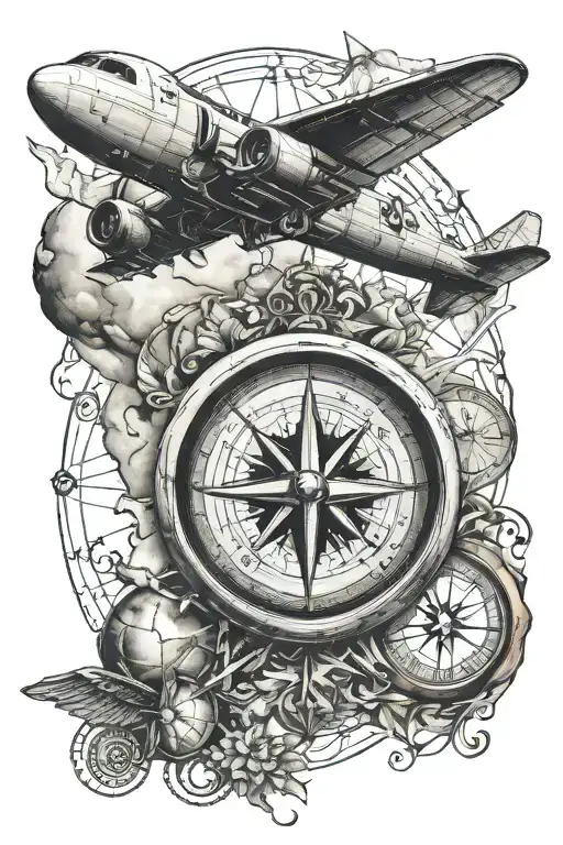 compass and airplane and earth tattoo design idea