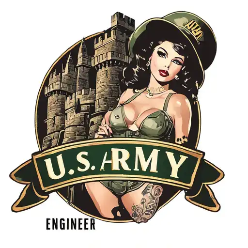 sexy PIN UP GIRL, US ARMY Engineer castle logo, full body view tattoo design idea