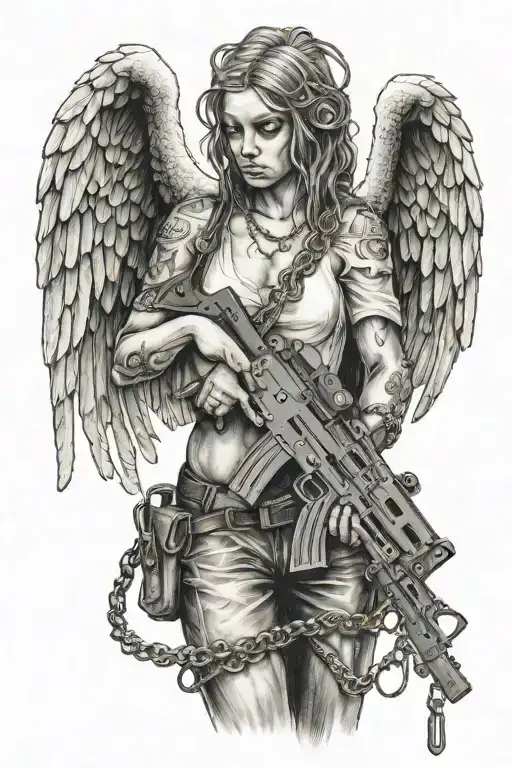 Sad angel with FAMAS gun and a chain that says 444 tattoo design idea