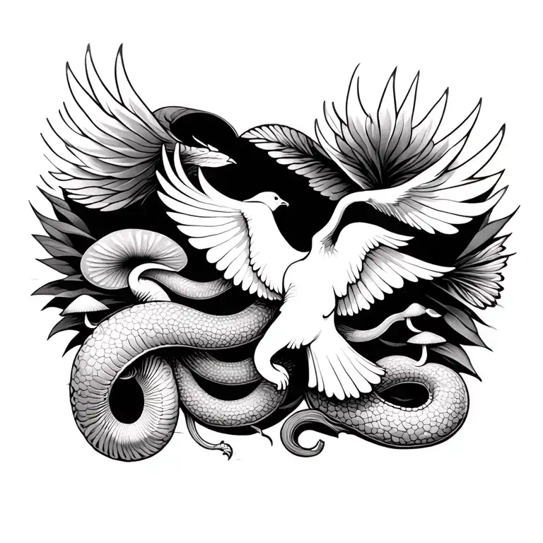 dove flying psychedelic mushroom DMT elephant god serpent tattoo design idea