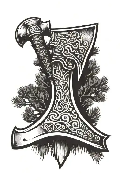 viking axe pine crow tattoo design idea