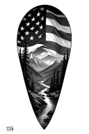 American flag, mountain range with creek running, 1776 tattoo design idea