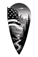 American flag, mountain range with creek running, 1776 tattoo design idea