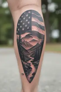American flag, mountain range with creek running, 1776 tattoo design idea
