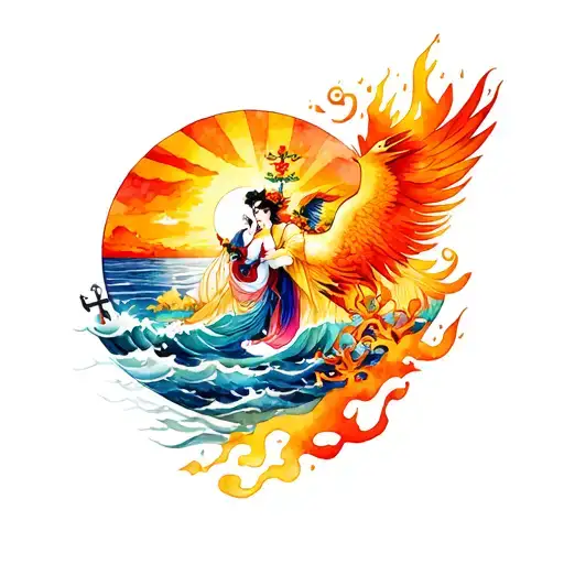 open lion mouth with japanese geisha inside with phoenix with sunset sunrise ocean and anchor and flames tattoo design idea