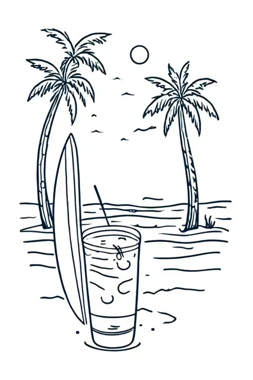 surfboard, palm trees, cactus tree, small wave, sun, beach, cold drink glass tattoo design idea