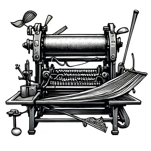 A tattoo design of a vintage printing press surrounded by retirement symbols like a hammock and golf clubs, representing a transition from work to leisure tattoo design idea