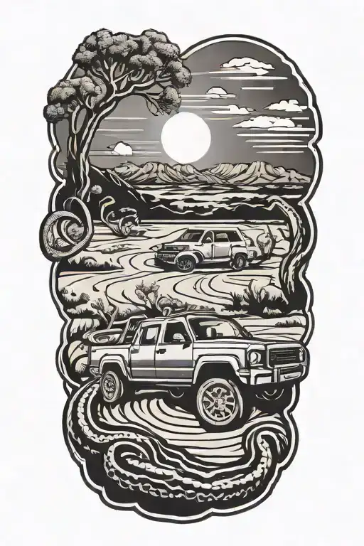 An Australian landscape with a 4WD driving through the Outback, with a sunset in the background and a snake slithering in the foreground tattoo design idea