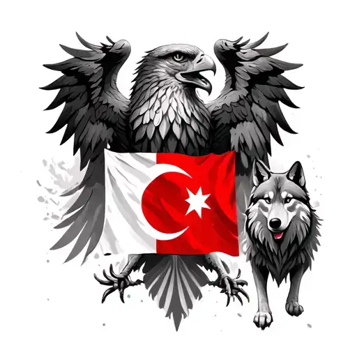 turkish flag with eagle and wolf  tattoo design idea