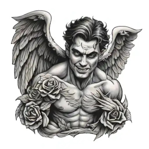 handsome man statue with wings and vampire teeth tattoo design idea
