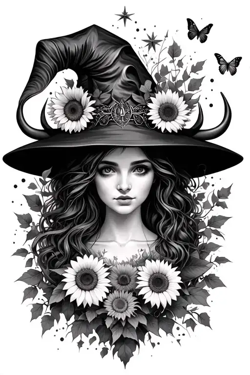 Witchy, ivy, Taurus, butterflies, goddess, caterpillars, dots, stars, sunflowers and wild  tattoo design idea