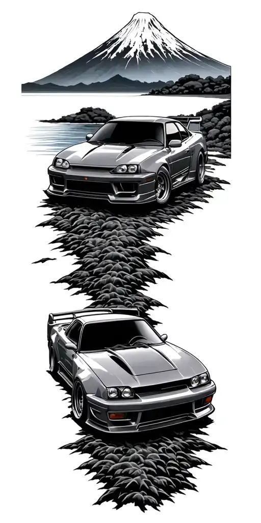 cars drifting with Japan mount fuji background black tattoo design idea
