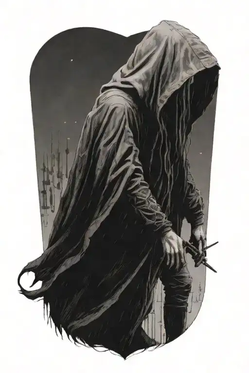 a girl and a huge hooded beast shadowed in darkness walking away side by side tattoo design idea