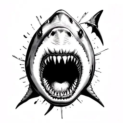 Angry Great white shark emerging mouth open mouth open tattoo design idea