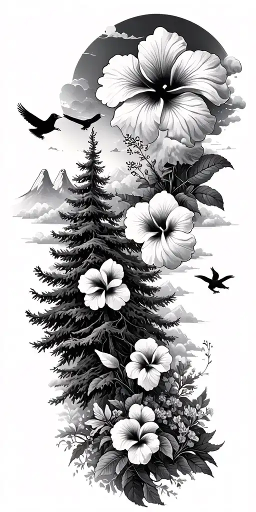 pine trees, hibiscus flowers,clouds, doves, crows, mountains, wildflowers tattoo design idea
