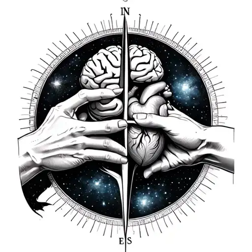 Galaxy, Hand of God and Adam hands touching, compass, half heart and brain  tattoo design idea