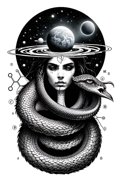 A tattoo of the cosmic serpent Shesha, who holds the universe on his hood, surrounded by elements of organic chemistry molecules, in black-grey style tattoo design idea