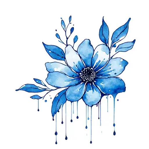 dripping watercolor and ink flower blue tattoo design idea