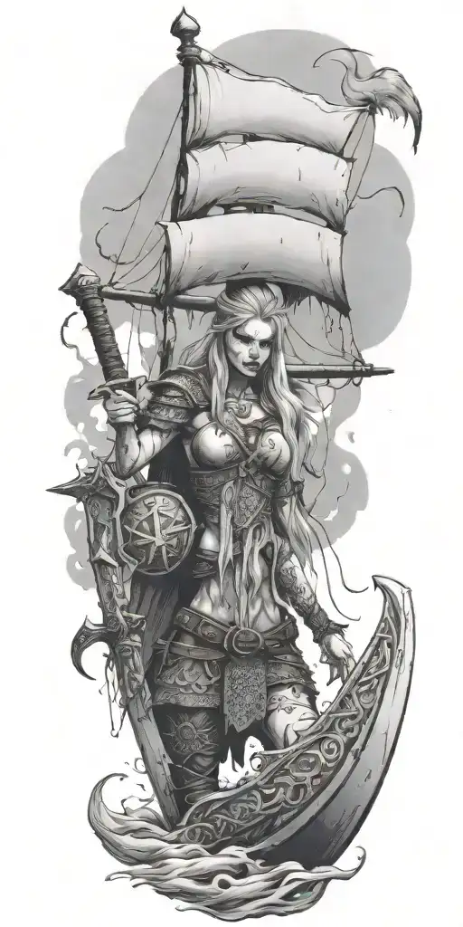 viking zombie girl all bloody sword with cuff tattoo design idea