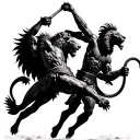 lion and spartan warrior leaping at each other with colosseum in the background tattoo design idea