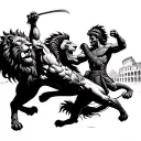 lion and spartan warrior leaping at each other with colosseum in the background tattoo design idea