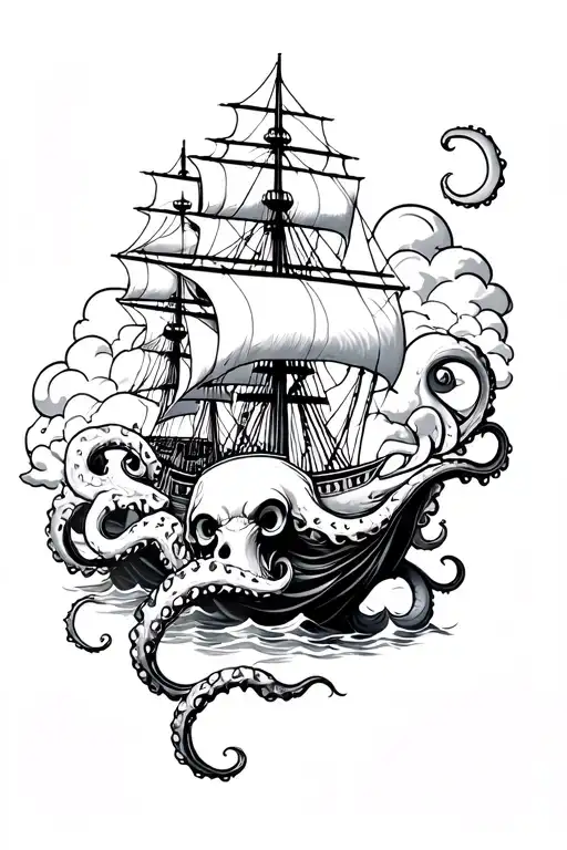 Kraken Ship clouds surrounding faces in one tattoo design idea