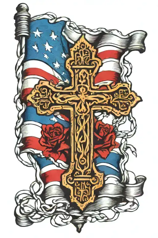 Orthodox cross with barb wire and a russian flag intertwined tattoo design idea