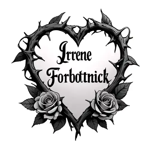 I want a tattoo of the name “Irene Forbotnick” with a heart made of thorns and roses around the name tattoo design idea