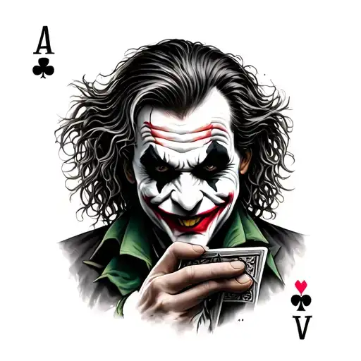 Realistic black and grey tattoo design of the Joker, with a sinister smile and messy hair, holding a playing card (Ace o tattoo design idea
