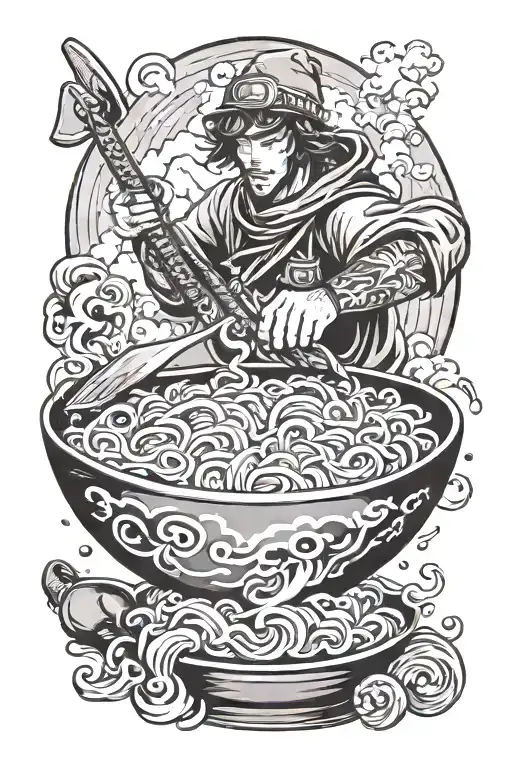 ramen bowl with snowboarder and mountain tattoo design idea