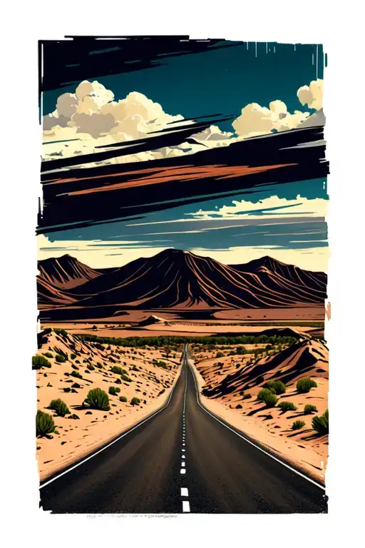 desert landscape with a road that splits with a sight in the middle that says choose your own path tattoo design idea