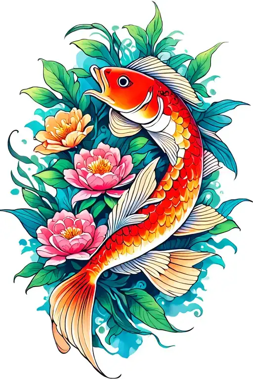 flowers and coy fish tattoo design idea