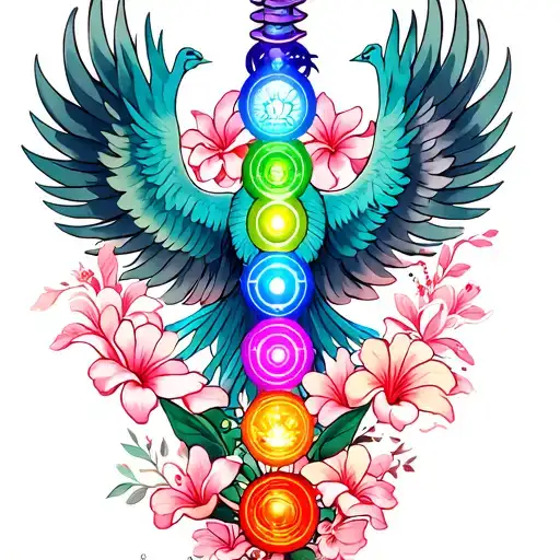 7 Chakras, Phoenix Rising, Free Spirit, spine tattoo with plumeria and cherry blossoms floating spin tattoo symmetrical  tattoo design idea