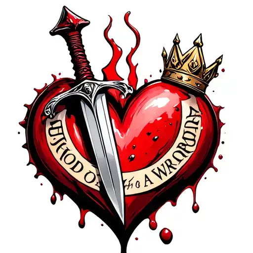 bloody dagger going through a heart with a crown and words heart of a king blood of a warrior  tattoo design idea