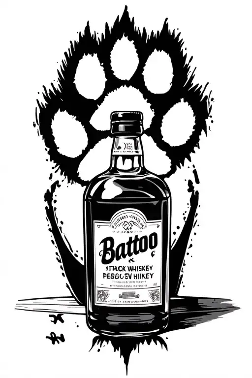 a table with a whiskey bottle and a pawprint infinity tattoo design idea