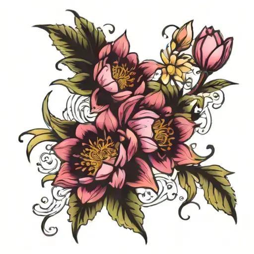 flowers on a vine water lily aster daffodil rose with petals going around the flowers tattoo design idea