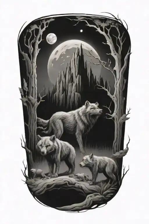 A sketch of a hidden alien base on Earth with wolves and bears guarding the entrance tattoo design idea