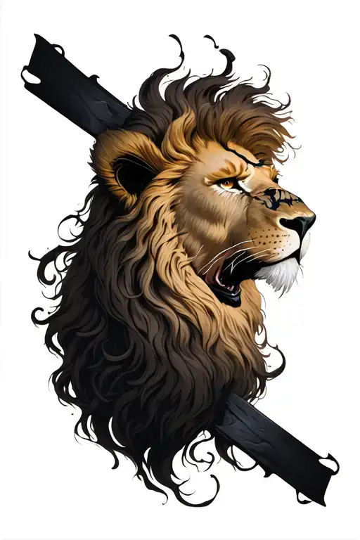 lion with scar on left eye in the shape of a cross. wind blowing across  tattoo design idea