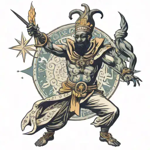 african wearing medieval jester outfit juggling flaming swords with an 8 pointed annunaki star above tattoo design idea