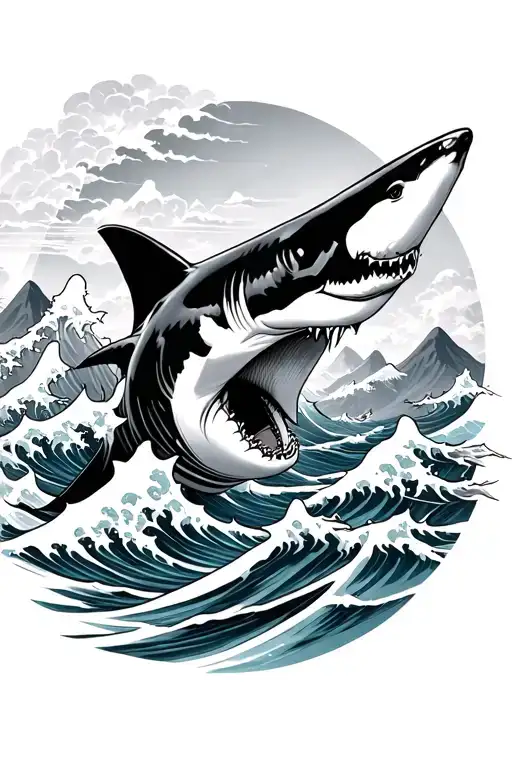 sharks with Japanese style waves crashing and mountains  tattoo design idea