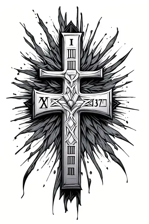 Thin Cross with number 1327 in Roman numerals going up the base on left side tattoo design idea