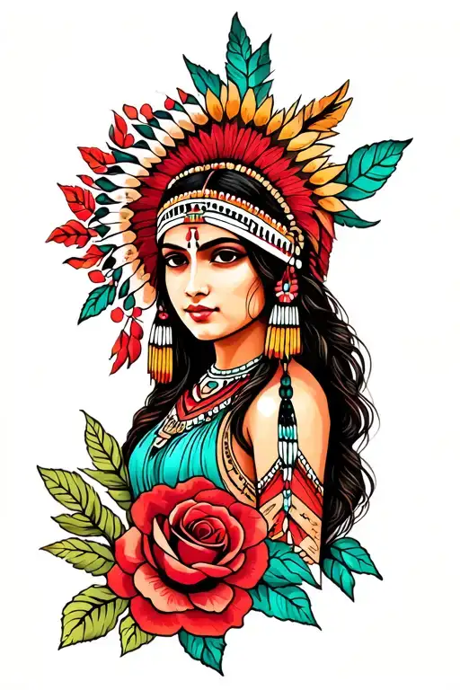 full inner arm tattoo; red Indian girl with roses blooming tattoo design idea