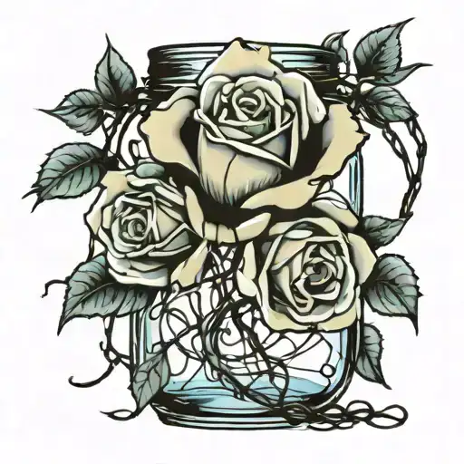 blue rose inside a mason jar wrapped in barbed wire  tattoo design idea