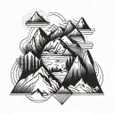 A geometric mountain range with a winding river flowing through it tattoo design idea