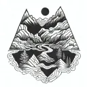 A geometric mountain range with a winding river flowing through it tattoo design idea