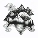 A geometric mountain range with a winding river flowing through it tattoo design idea