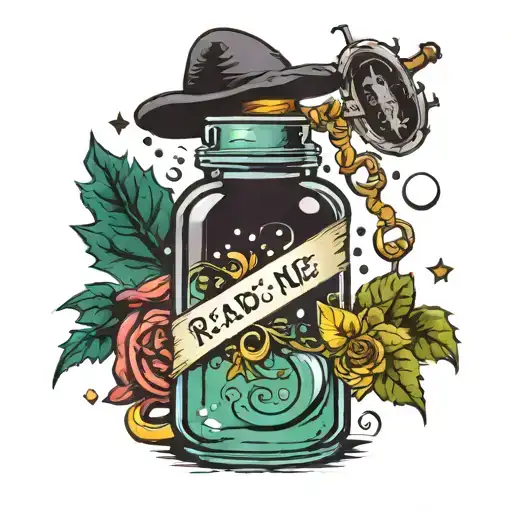 witchy potion bottle text says "Read me the potions..." tattoo design idea