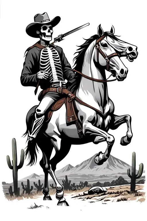 skeleton cowboy riding a horse shooting a rilfe at a large serpant with mountains and cactus in the background tattoo design idea