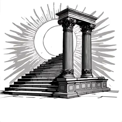 Greek column with above. In between a staircase leads up and a rising sun. tattoo design idea